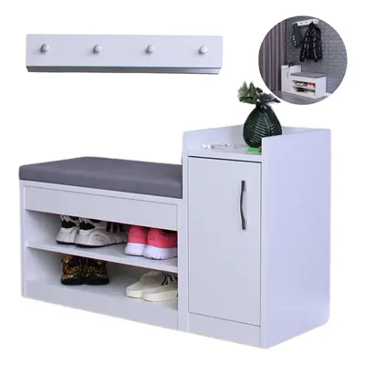 (Large) White Shoe Racks Storage Bench with Wall-Mounted Coat Stand - Grey Cushion Shoe Storage 