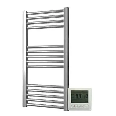 Greened House Electric Chrome 400W x 1200H Flat Towel Rail + Timer and Room Thermostat Bathroom 