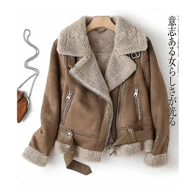 (Brown, L) Women Winter Faux Shearling Sheepskin Fake Leather Jackets Lady Thick Warm Suede Lamb