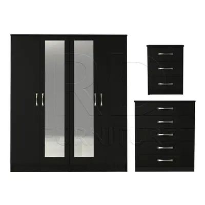 Ready assembled Pcs Classic Door Double Mirrored Wardrobe, Chest And Bedside Set Black