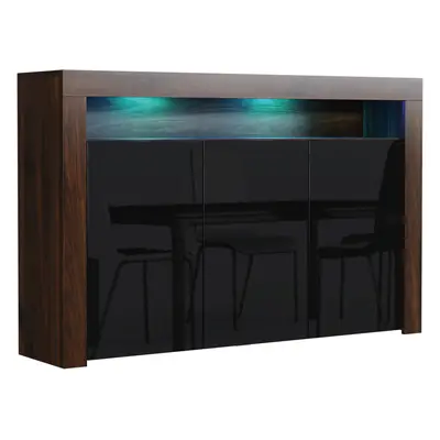 (Walnut & Black) Sideboard 155cm LED Gloss Doors - Mex Furniture