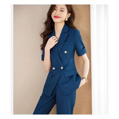 (navy blue, S) Spring And Summer Professional Suit Set Female