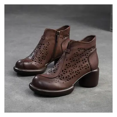 (coffee, 39) Johnature Pumps Breathable Hollow-out Boots Round Toe Genuine Leather Retro Versati