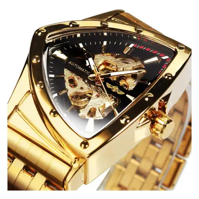 (gold,black) Winner Triangle Skeleton Gold Black Watch For Men Automatic Mechanical Wristwatch I