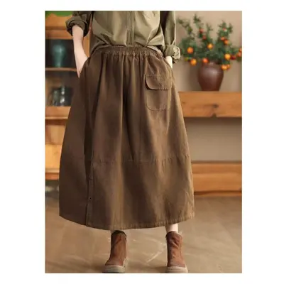 (One Size, coffee) Johnature Woman Autumn Vintage Style Elasticated Waist A-line Skirt Fashion S