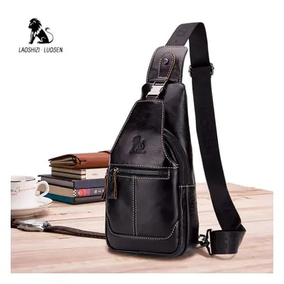 (black) Laoshizi Men&apos;s Genuine Leather Chest Back Sling Shoulder Bag Male Usb Travel Crossb