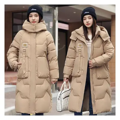 (khaki, L) Autumn Winter Thicken Warm Long Hooded Parka Women Casual Solid Color Big Pocket Loos