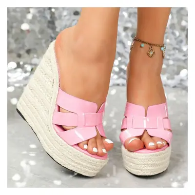 (pink, 37) Sexy New Straw Knitted Simple Hentian High Slope Heel Waterproof Platform Car Model S