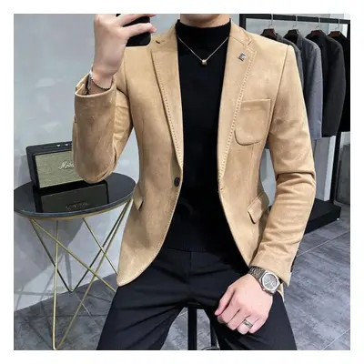 (khaki, L) New Men &apos;s Blazer Youth Slim Casual Suede Blazers