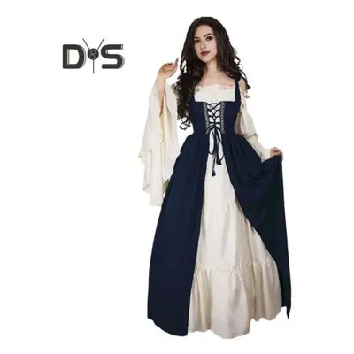 (blue, XL) Set Women Dress Shirring Edge Square Neck Tight Waist Flowy Sleeves Lace-up Patchwork