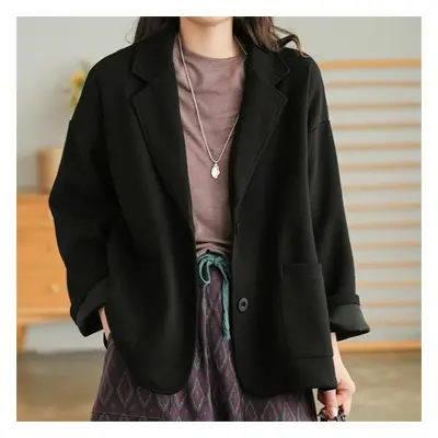 (black, L) Dimanaf New Women Suit Jacket Coat Button Pockets Basic Autumn Cardigan Female Loose 