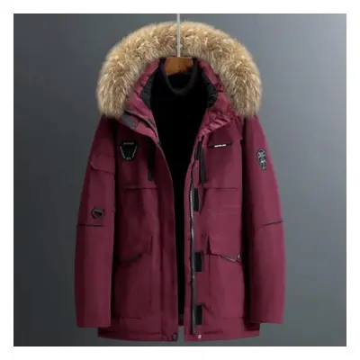 (red, XL) Men&apos;s Thermal Thick Fur Collar Male Winter Long Parkas Down Jacket Coat Mid-lengt