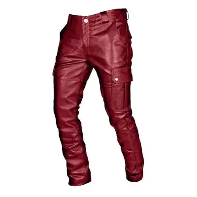 (red, XL) Men&apos;s Handsome Leather Pants Vintage Gothic Motorcycle Leather Pants Diablo Rock 