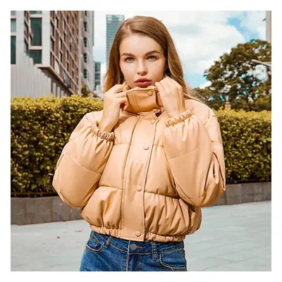 (khaki, L) Women Autumn Winter Warm Chic Leather Jacket Stand Collar Long Sleeve Solid Color Sho