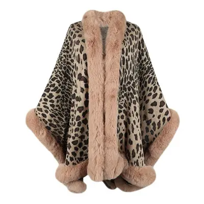 (khaki) Women&apos;s Fashion Leopard Pattern Knitted Cloak Fashion Casual Women&apos;s Plush Top