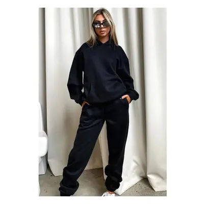 (black, L) Women&apos;s Solid Color Sweatshirt Set Autumn And Winter Long-sleeved Hooded Fleece 