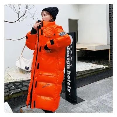 (orange, L) Women X-long Winter Jacket Glossy Hooded Windproof Warm Bio Down Coat Oversize Cotto