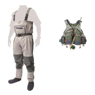 (khaki, L) Kylebooker Fishing Tackle Combo Full Kit Chest Waders,fishing Vest