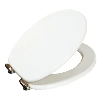 (White) Soft Close Wooden Toilet Seat Adjustable Chrome Hinges