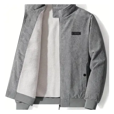 (grey, L(40)) Men's Casual Warm Fleece Zip Up Jacket, Chic Bomber Jacket For Fall Winter