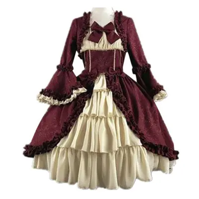 (wine red, M) Lady Retro Square Neck Tight Waist Bowknot Medieval Dress Cosplay Party Costume