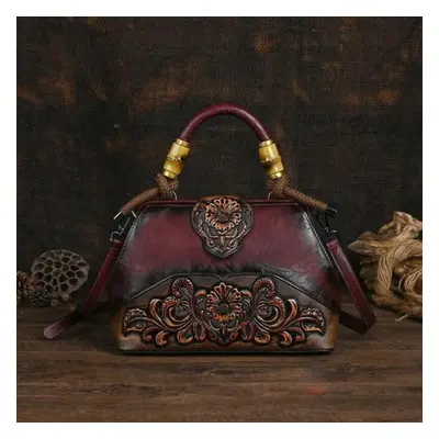 (wine red) Ladies Luxury Handbag New Vintage Handmade Leather Carved Women Tote Bag Versatile Fe