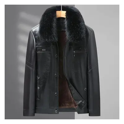 (black, M) New Leather Jacket Men&apos;s Velvet Thickened Men&apos;s Fur Integrated Winter Lapel