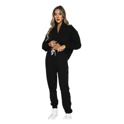 (black, XL) Autumn Winter Sweatsuit Solid Zip Stand Neck Pullover Long Sleeve Two-piece Pants Su