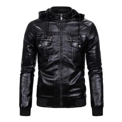 (black, XXL) Hooded Leather Jacket Men Winter Plus Velvet Thicken Leather Jacket Mens Soft Leath