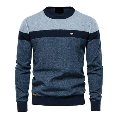 (navy, 75-82 kg) Aiopeson Spliced Cotton Sweater Men Casual O-neck High Quality Pullover Knitted