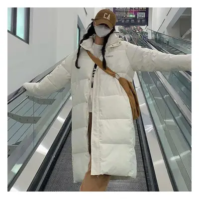 (white, L) Down Padded Jacket Women&apos;s Long Over Knee Winter New Korean Loose Thick Padded J