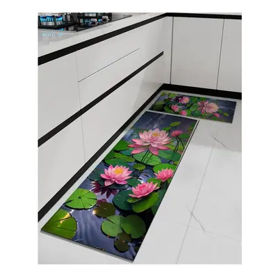 (160*200cm) 1pcs Beautiful Lotus Flower Kitchen Mat Soft Thickened Kitchen Floor Mat Waterproof 