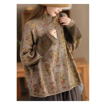 (khaki, One Size) Johnature Women Pullover Sweaters Mock Neck Long Sleeve Patchwork Print Floral