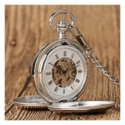 (silver) Vintage Pocket Watches For Men Hollow Gold Color Case Pocket Watch With Chain Roman Sca