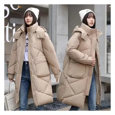 (khaki, XXL) Winter Cotton Padded Long Parkas With Hooded Oversized Thick Warm Woman Jackets Poc