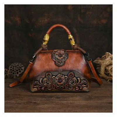 (brown) Johnature Luxury Handbag Vintage Handmade Leather Carved Women Bag Versatile Female Shou