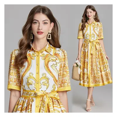 (gold, L) Summer Women Elegant Turn-down Collar Designer Print Long Midi Holiday Party Shirt Dre