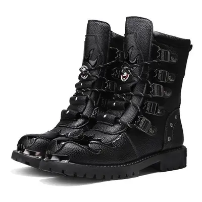 (black, 39) Men&apos;s Cowhide Genuine Leather Work Boots Military Combat Boots Gothic Skull Pun