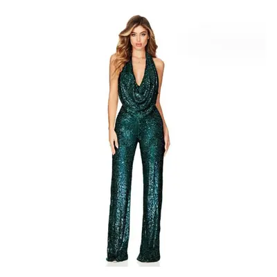 (green, 3XL) Women&apos;s Sexy Backless Sequin Jumpsuit Slim Fitting Sleeveless Jumpsuit