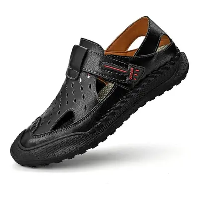 (black, 41) Men Genuine Leather Hand Stitching Breathable Casual Soft Sandals