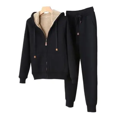 (black, 3XL) 2pcs/set Long Sleeves Zipper Closure Elastic Waist Multi Pockets Fleece Lining Wome