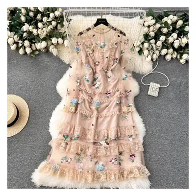 (beige, XL) Frence Vintage Flower Embroidery Evening Party Dress Summer Long Sleeve Princess Fai