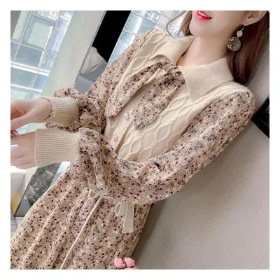 (khaki, L) Autumn And Winter Floral Corduroy Dress Stitching Fake Two-piece Woven Waist Tie Bow 