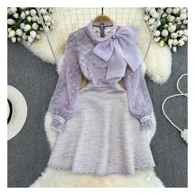 (purple, M) Spring Autumn Women Elegant Purple Embroidery Mesh Tweed Patchwork Party Dress Bowti