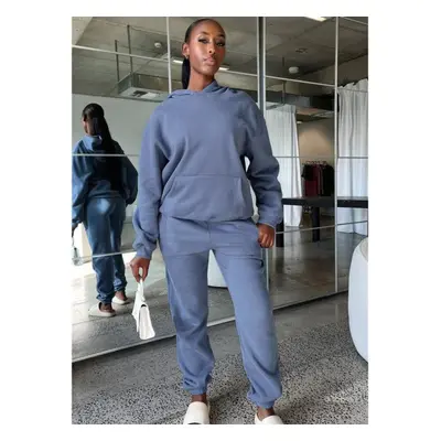 (light blue, M) Women&apos;s Solid Color Sweatshirt Set Autumn And Winter Long-sleeved Hooded Fl