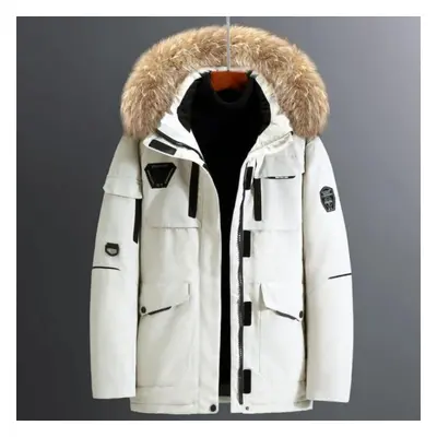 (white, 3XL) Men&apos;s Thermal Thick Fur Collar Male Winter Long Parkas Down Jacket Coat Mid-le