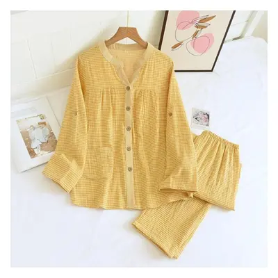 (yellow, M) New Spring And Autumn Ladies Pajamas Set 100%cotton Gauze Four Seasons Long-sleeved 