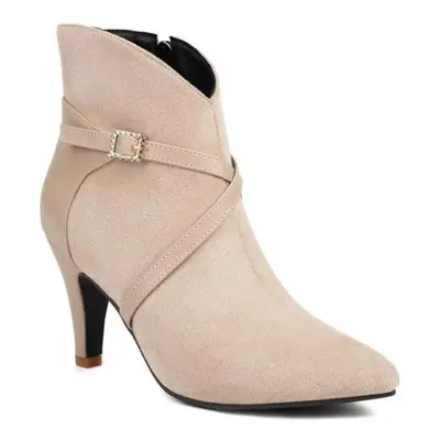 (khaki, 44) Women Ankle Boots Pointed Toe Thick High Heels Zipper Buckle Short Boots Ladies Fash