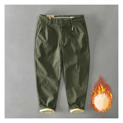 (army green, 32) Winter Warm Men&apos;s Pants Youth Streetwear Casual Cargo Pants Solid Color Co