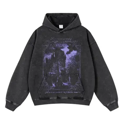 (black, XXL) Streetwear Magic Castle Graphic Unisex Washed Black Oversized Unisex Long Sleeve Ho